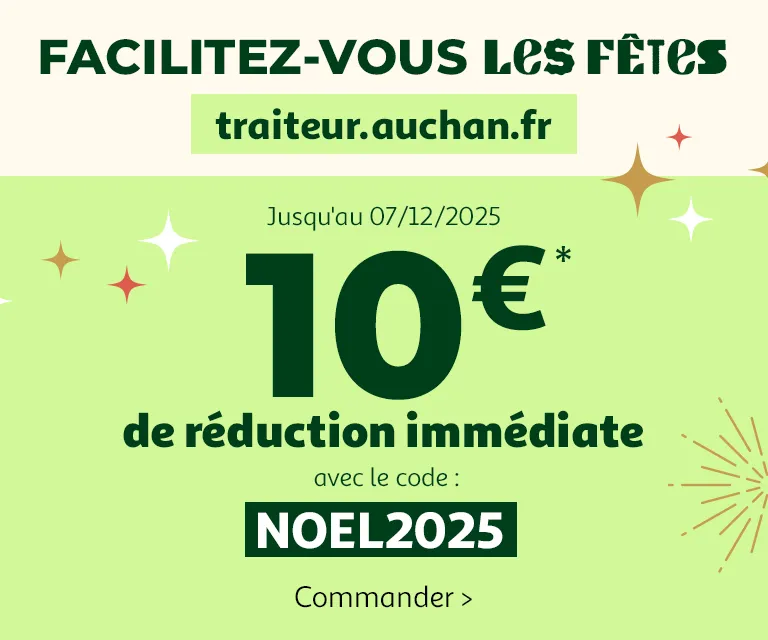 10 euros de réduction immédiate sur le site traiteur.auchan.fr avec le code NOEL2025