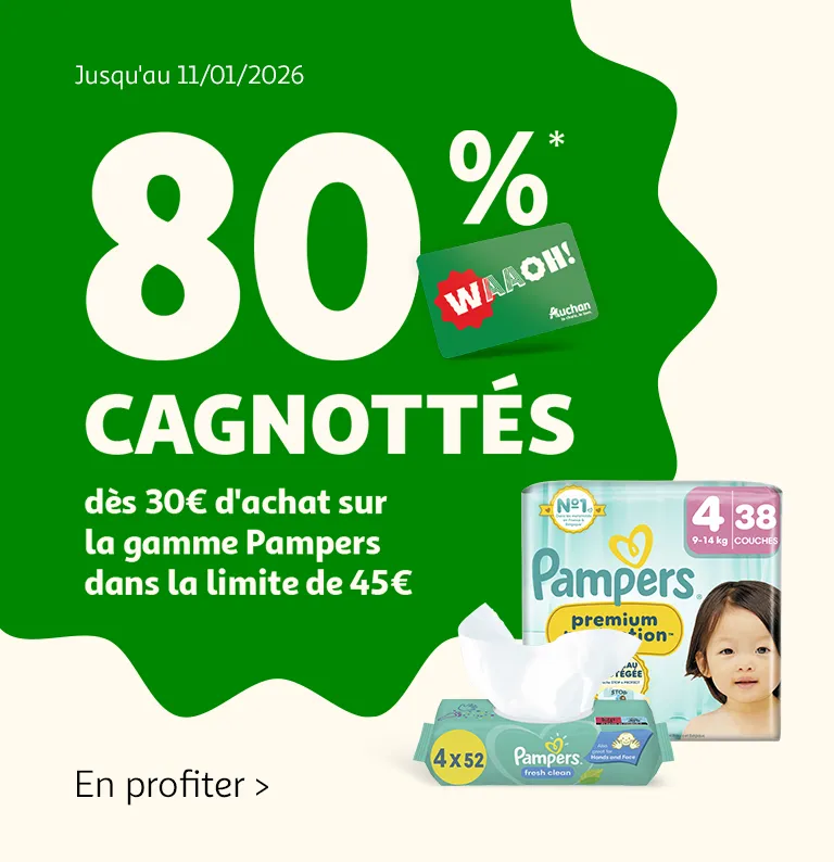 Auchan Baby, jusqu'au 11/01, 80% cagnottés* dès 30€ d'achat sur la gamme Pampers dans la limite de 45€