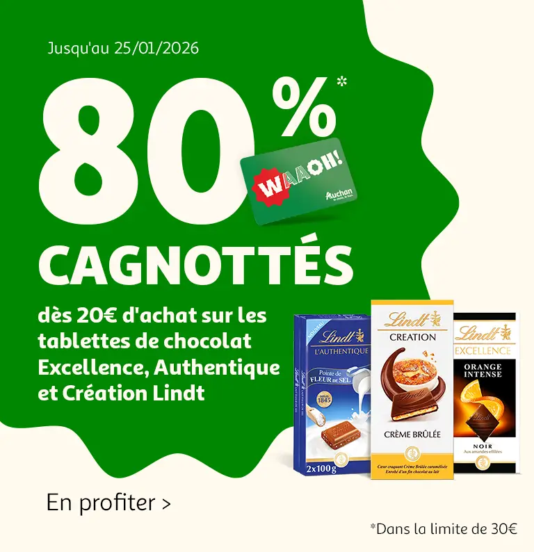 Jusqu'au 25/01/2026 : 80% cagnottés dès 20€ d'achat sur les tablettes de chocolat Excellence, Authentique et Création Lindt