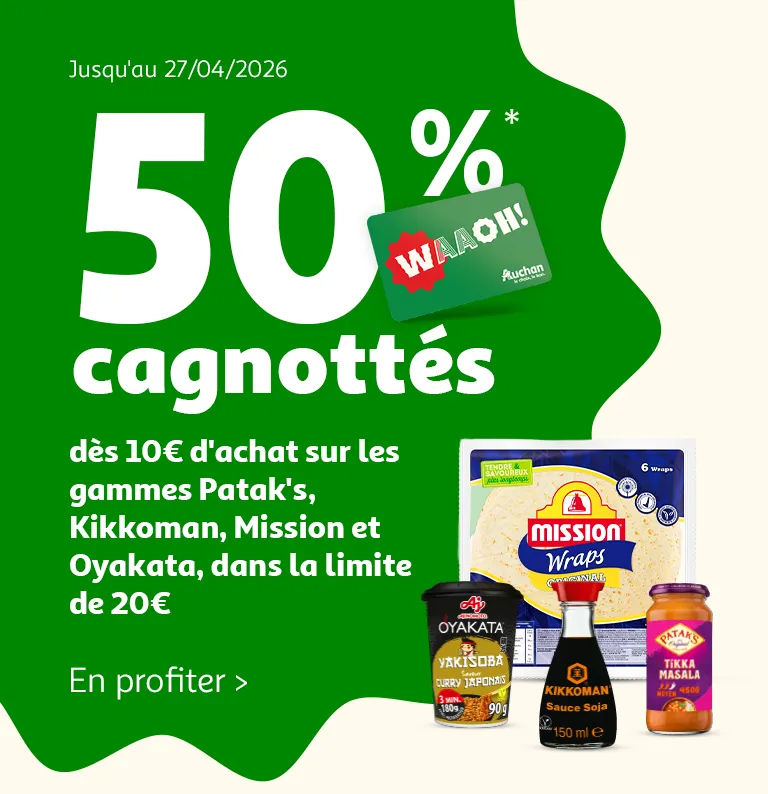 Jusqu'au 27/04/2026 : 50% cagnottés dès 10€ d'achat sur les gammes Patak's, Kikkoman, Mission et Oyakata, dans la limite de 20€.