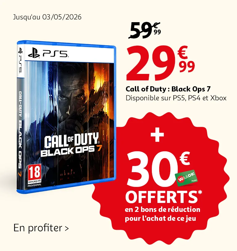 30€ offerts en 2 bons de réduction de 15€ pour l'achat du jeu Call of Duty Black Ops 7