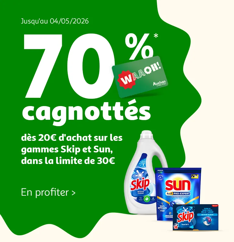 Jusqu'au 04/05/2026 : 70% cagnottés dès 20€ d'achat sur les gammes Skip et Sun, dans la limite de 30€.
