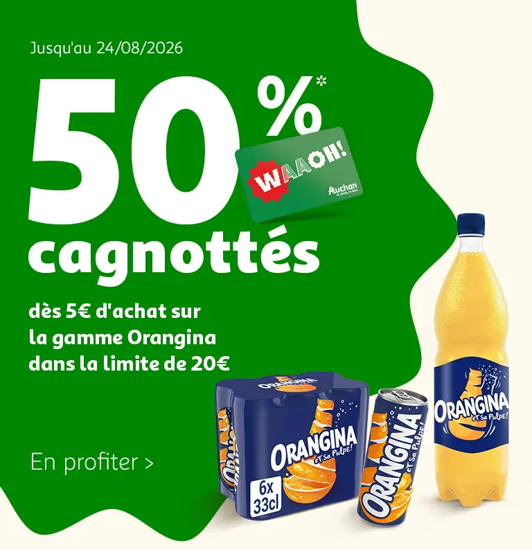 50%* cagnottés dès 5€ d'achat sur la gamme Orangina, dans la limite de 20€