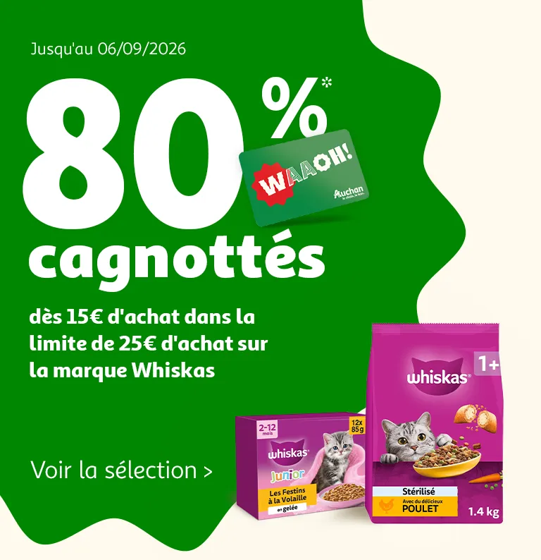 Jusqu'au 06/09/2026, 80%* cagnottés dès 15€ d'achat sur la marque Whiskas dans la limite de 25€