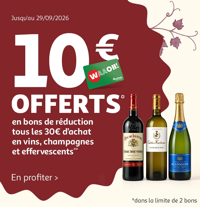 Jusqu'au 29/09/2026, Foire aux vins** d'automne : 10€ offerts* en bons de réduction tous les 30€ d'achat en vins, champagnes et effervescents**, dans la limite de deux bons.