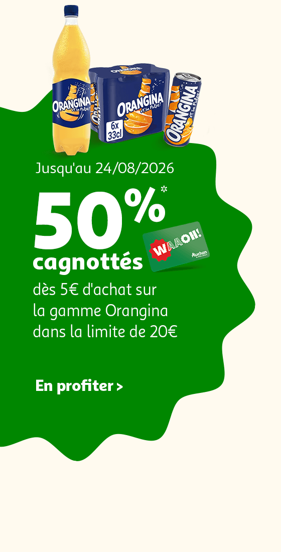 Jusqu'au 24/08/2026,  50%* cagnottés dès 5€ d'achat sur la gamme Orangina, dans la limite de 20€