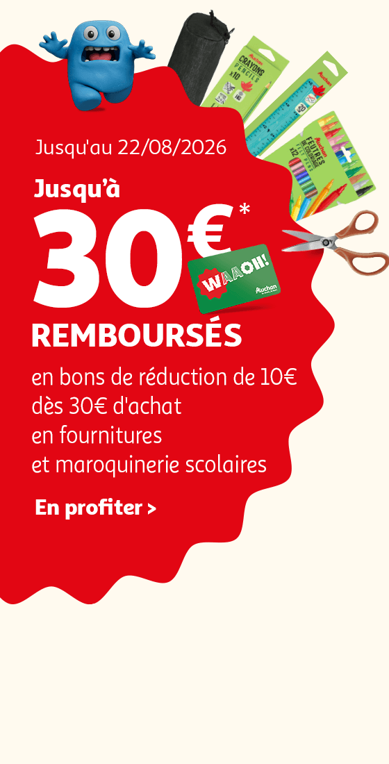 Jusqu'à 30€* remboursés en bons de réduction de 10€ dès 30€ d'achat en fournitures et maroquinerie scolaires