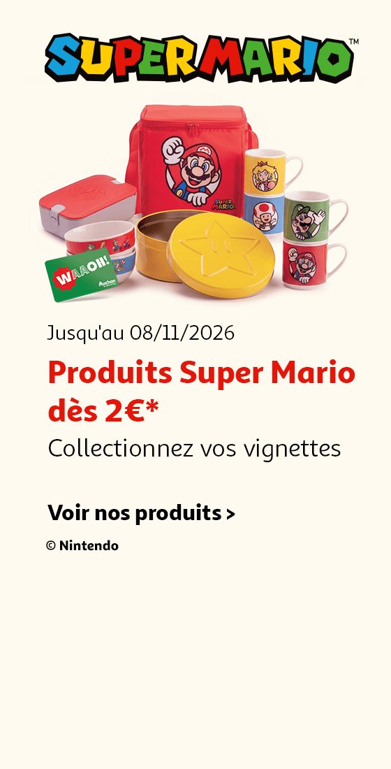 Jusqu'au 08/11/2026 : Produits Super Mario dès 2€* Collectionnez vos vignettes. Voir nos produits