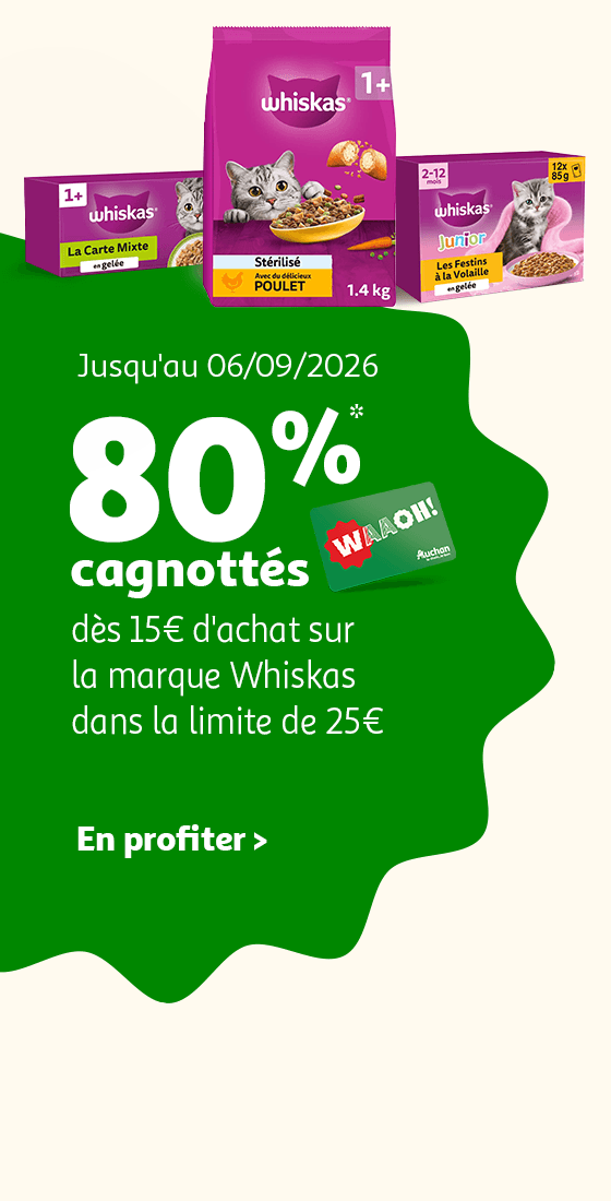 Jusqu'au 06/09/2026, 80%* cagnottés dès 15€ d'achat sur la marque Whiskas dans la limite de 25€