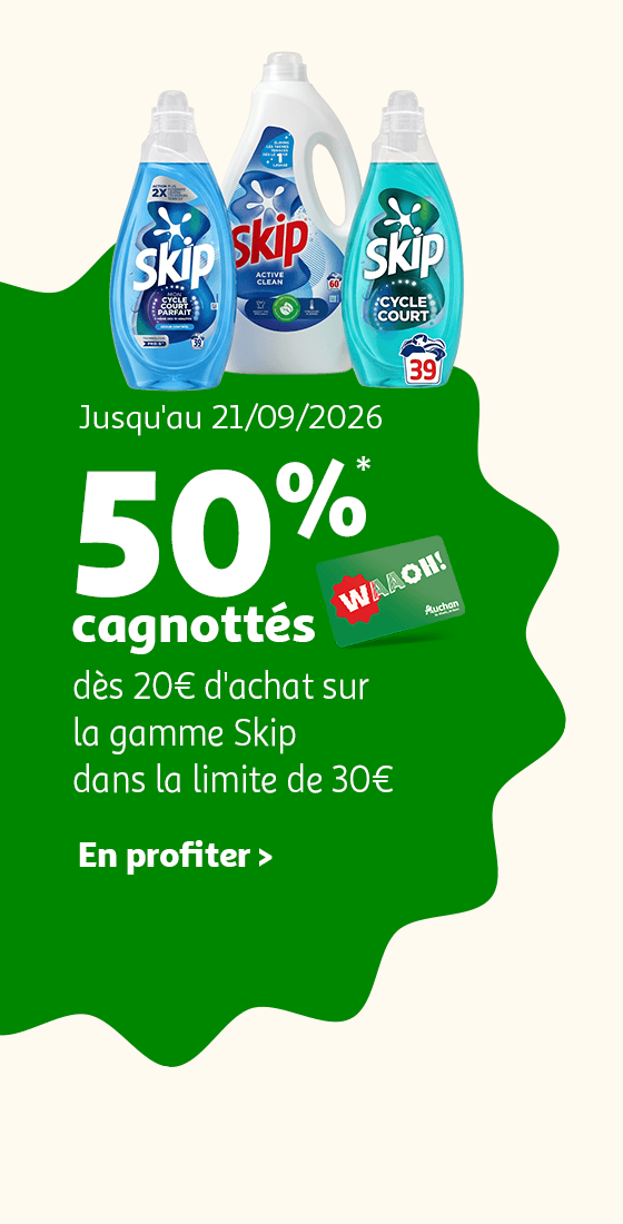 Jusqu'au 21/09/2026 : 50%* cagnottés dès 20€ d'achat sur la gamme Skip dans la limite de 30€