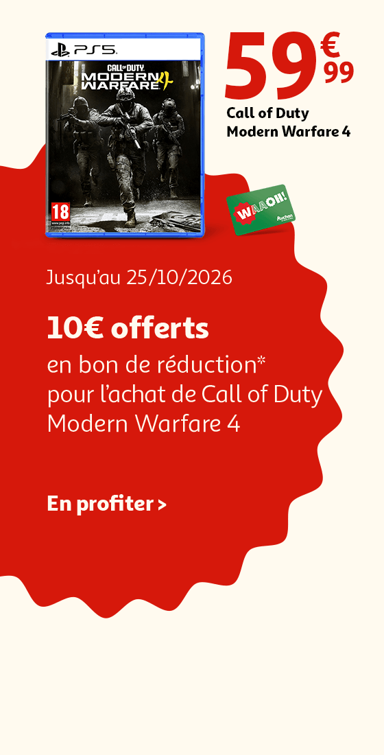 Jusqu'au 25/10/2026, 10€ offerts en bon de réduction* pour l'achat de Call of Duty Modern Warfare 4