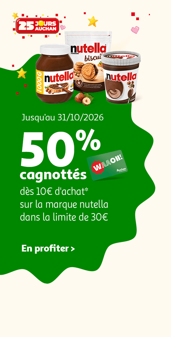Jusqu'au 31/10/2026, 50% cagnottés* dès 10€ d'achat sur la marque Nutella dans la limite de 30€