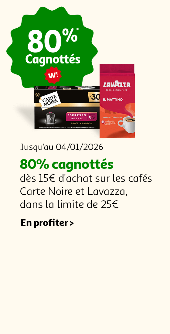 Jusqu'au 04/01/2026,  80% cagnottés dès 15€ sur les cafés Carte Noire et Lavazza dans la limite de 25€ d'achat