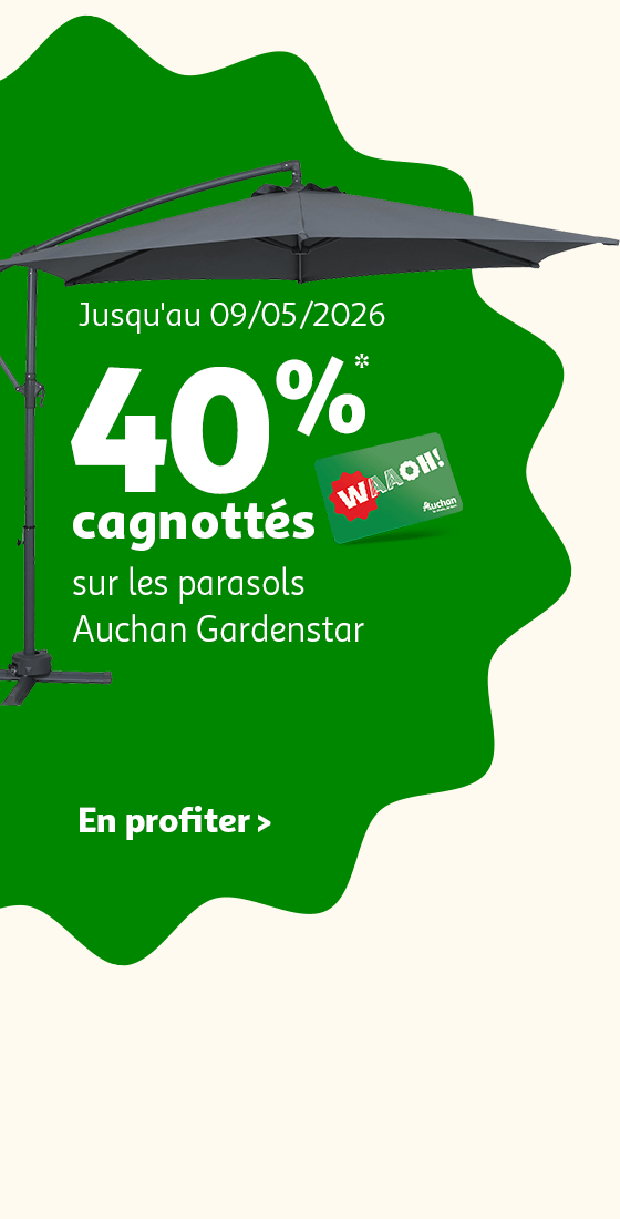 Jusqu'au 09/05/2026 : 40% cagnottés sur les parasols Auchan Gardenstar