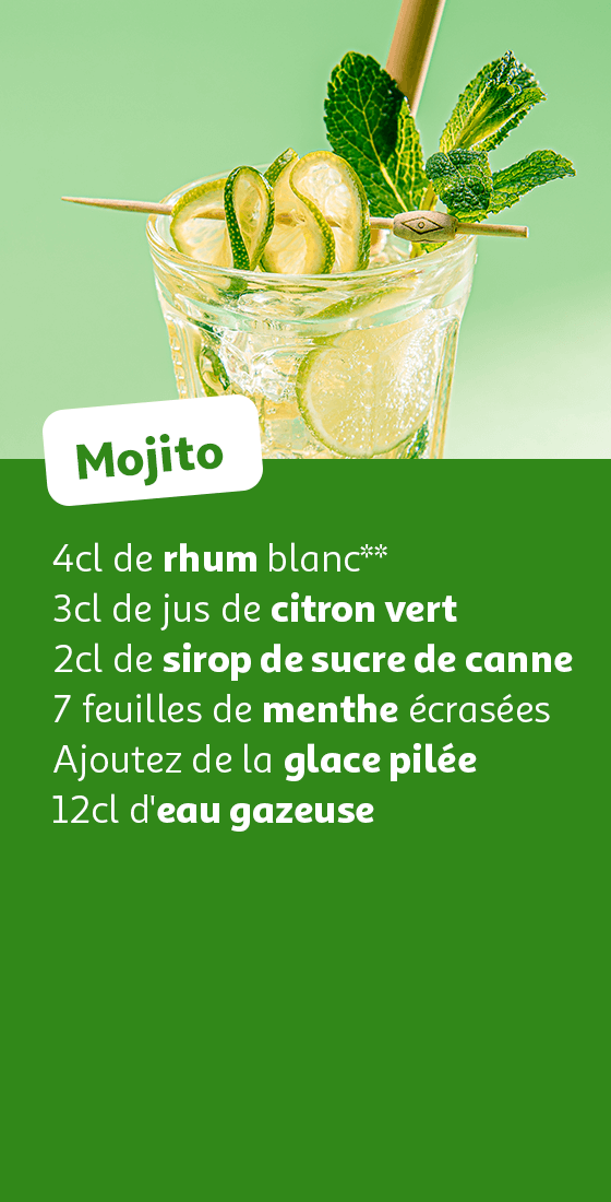 Mojito : 4cl de rhum blanc**, 3cl de jus de citron vert, 2cl de sirop de sucre de canne, 7 feuilles de menthe écrasées, Ajoutez de la glace pilée, 12cl d'eau gazeuse