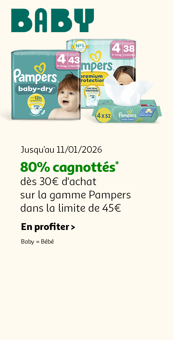 80% cagnottés dès 30€ d'achat sur la gamme Pampers dans la limite de 45€