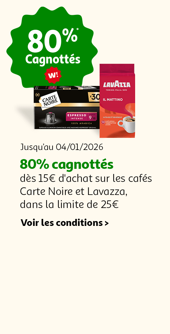 Jusqu'au 04/01/2026,  80% cagnottés dès 15€ sur les cafés Carte Noire et Lavazza dans la limite de 25€ d'achat