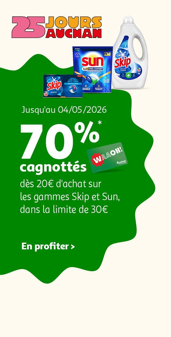 70%* cagnottés dès 20€ d'achat sur les gammes Skip et Sun, dans la limite de 30€.