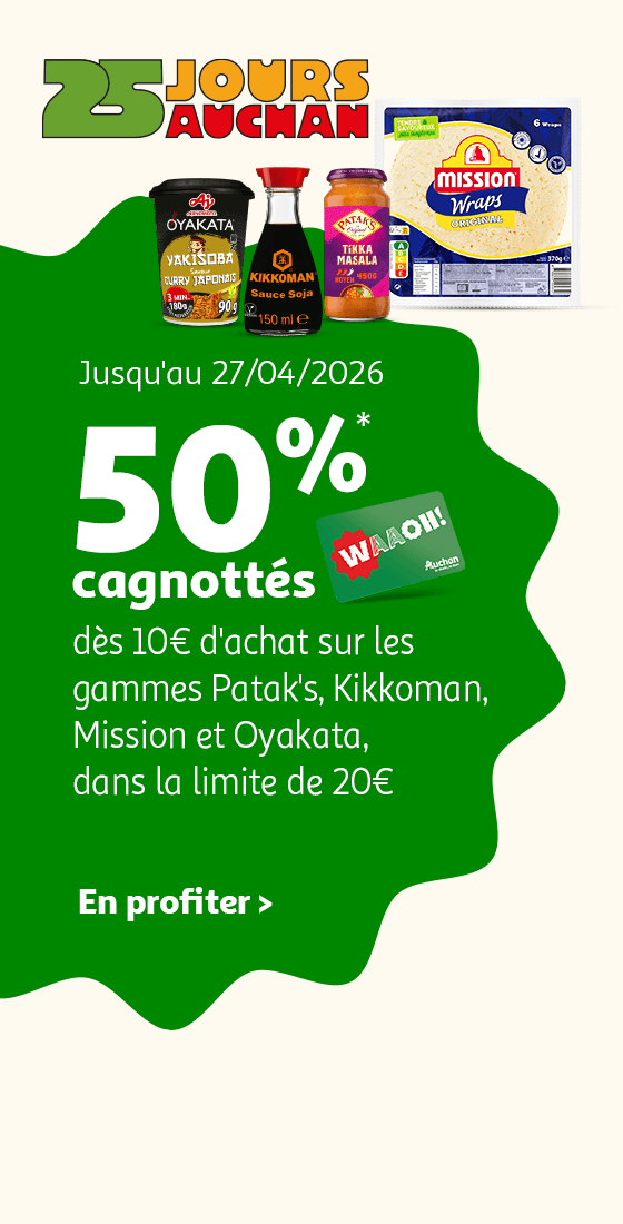 50%* cagnottés dès 10€ d'achat sur les gammes Patak's, Kikkoman, Mission et Oyakata, dans la limite de 20€.