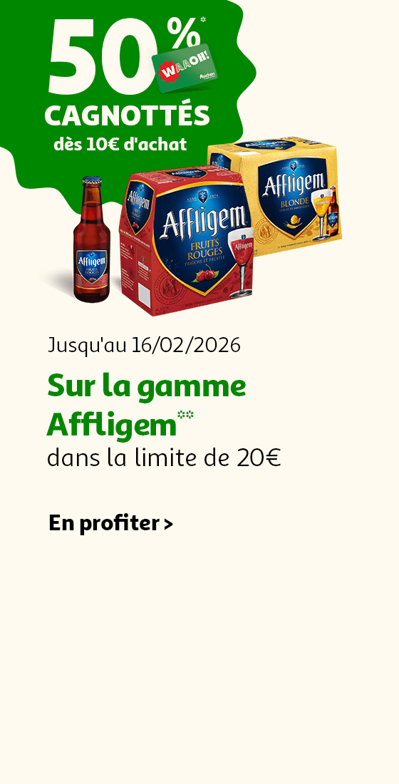 Jusqu'au 16/02/2026, 50%* cagnottés dès 10€ d'achat sur la gamme Affligem dans la limite de 20€