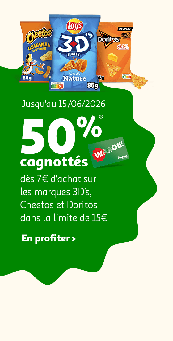 Jusqu'au 15/06/2026, 50%* cagnottés dès 7€ d'achat sur les marques 3D's, Cheetos et Doritos, dans la limite de 15€ (au rayon biscuits apéritifs)