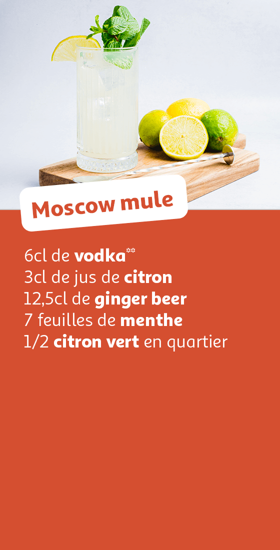 Moscow Mule : 6cl de vodka**, 3cl de jus de citron, 12,5cl de ginger beer, 7 feuilles de menthe,1/2 citron vert en quartier