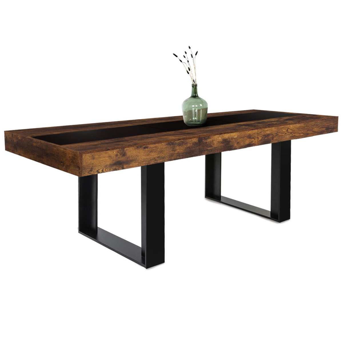 ID MARKET Table à manger extensible rectangle PHOENIX 4-8 personnes bois effet vieilli et noir bande centrale noire 160-200 cm