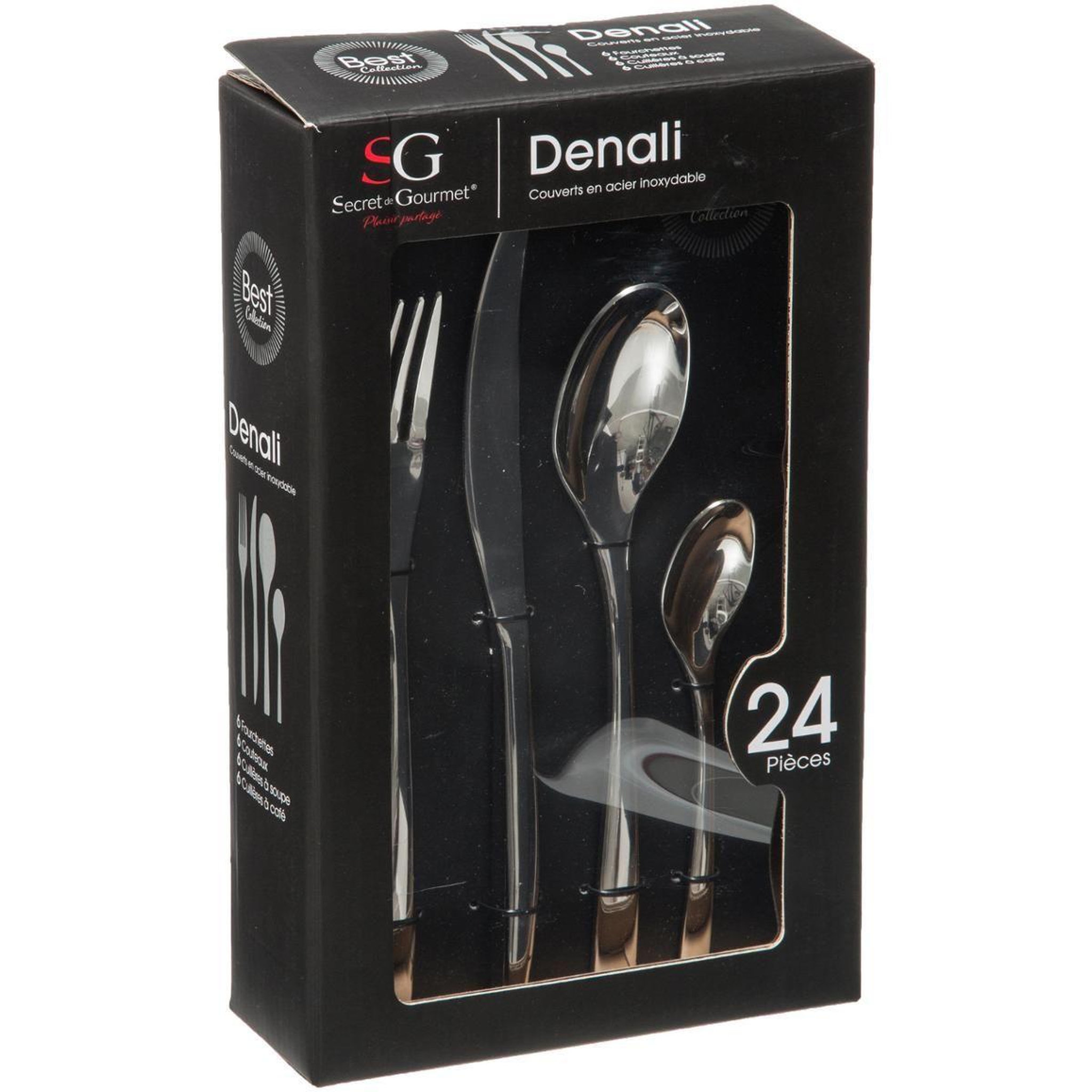Voir la diapositive 6 : SECRET DE GOURMET Ménagère Denali en Acier inoxydable - 24 pièces - Argent