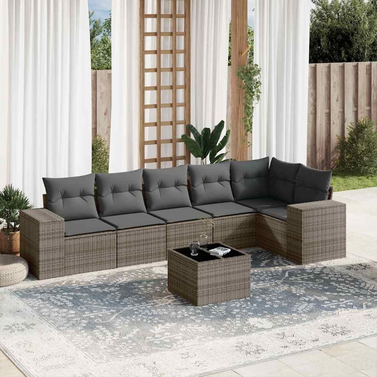 VIDAXL Salon de jardin avec coussins 7 pcs gris resine tressee