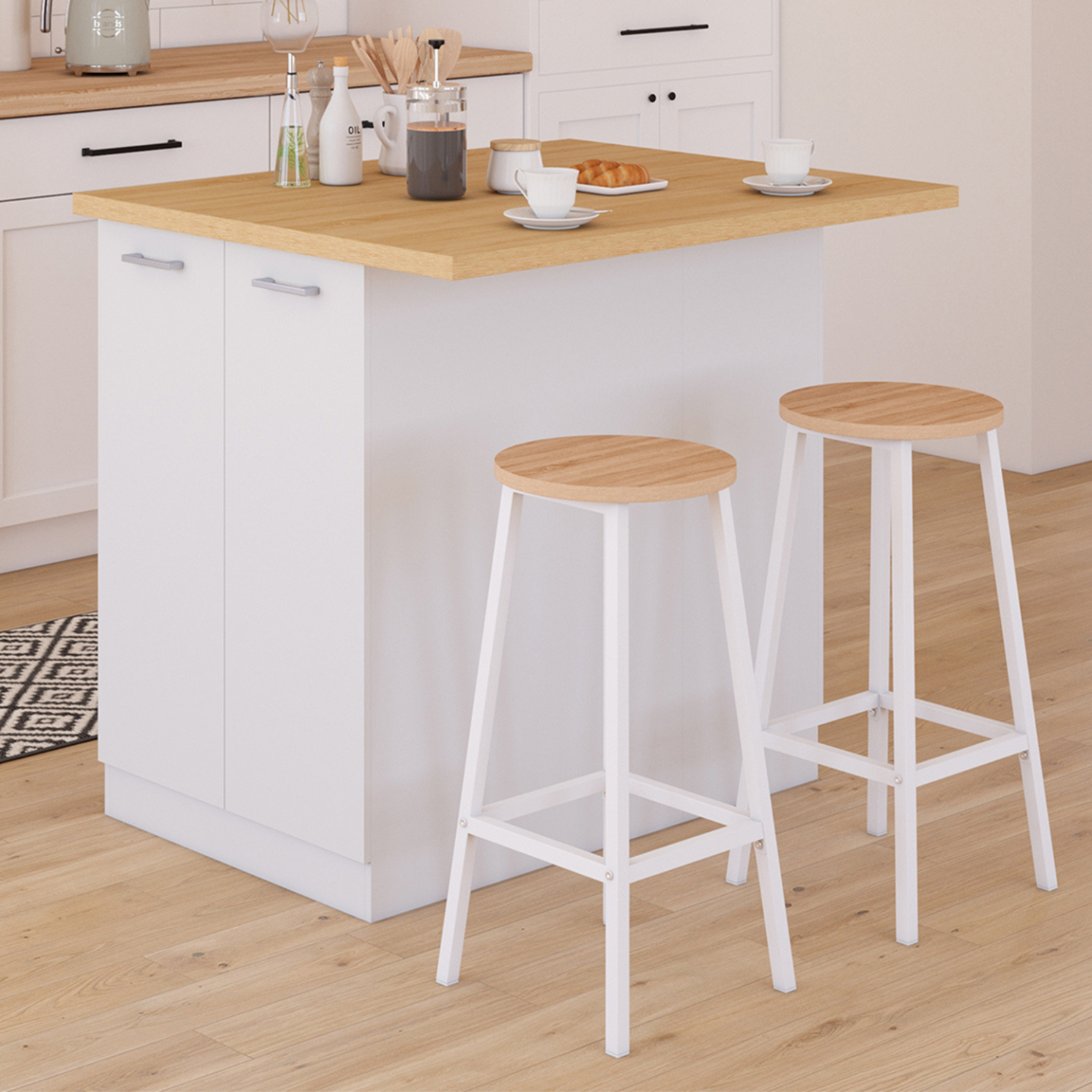 Voir la diapositive 2 : ID MARKET Ilot central ivo 100 cm blanc avec plan de travail façon hêtre