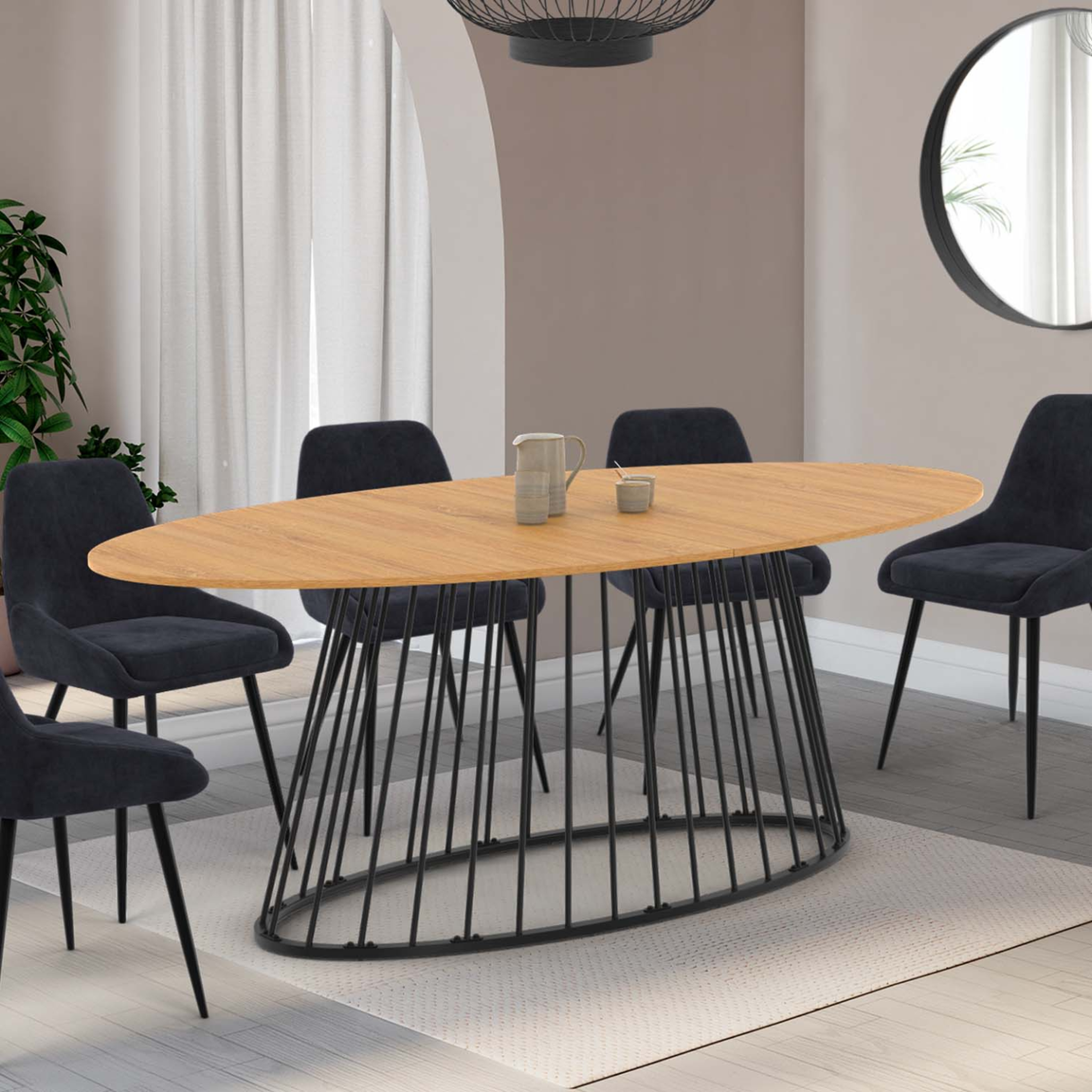 Voir la diapositive 2 : ID MARKET Table à manger ovale yuna 10 personnes plateau bois et pied filaire en métal noir 200 cm