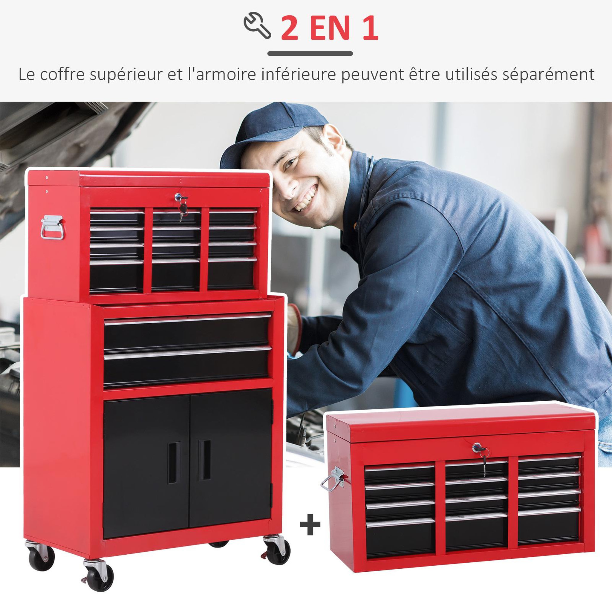 Voir la diapositive 4 : HOMCOM Servante d'atelier - caisse à outil 6 tiroirs + coffre amovible - chariot d'atelier tôle métal rouge noir