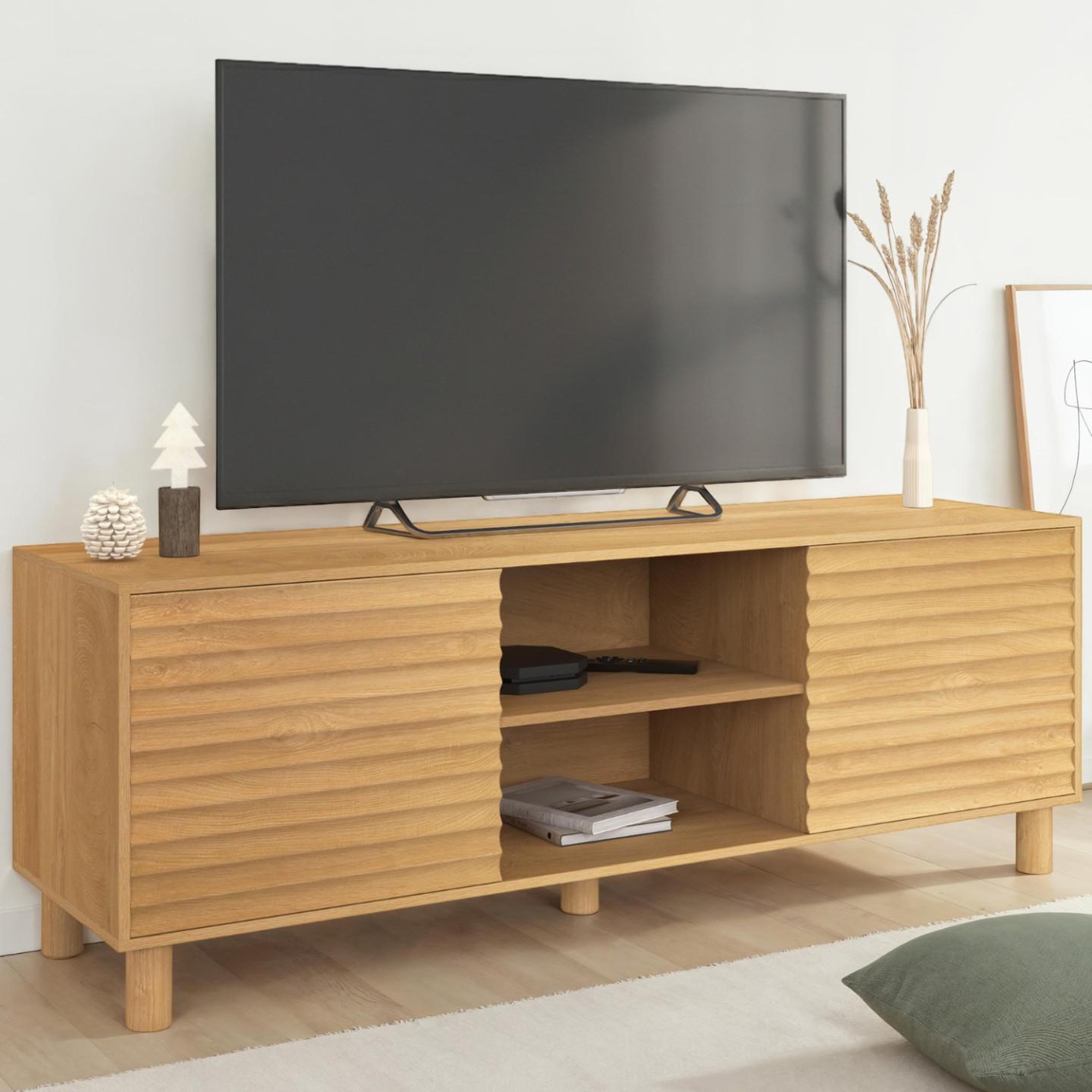 Voir la diapositive 2 : ID MARKET Meuble tv 140 cm julie 2 portes lattes tasseau bois coloris chêne
