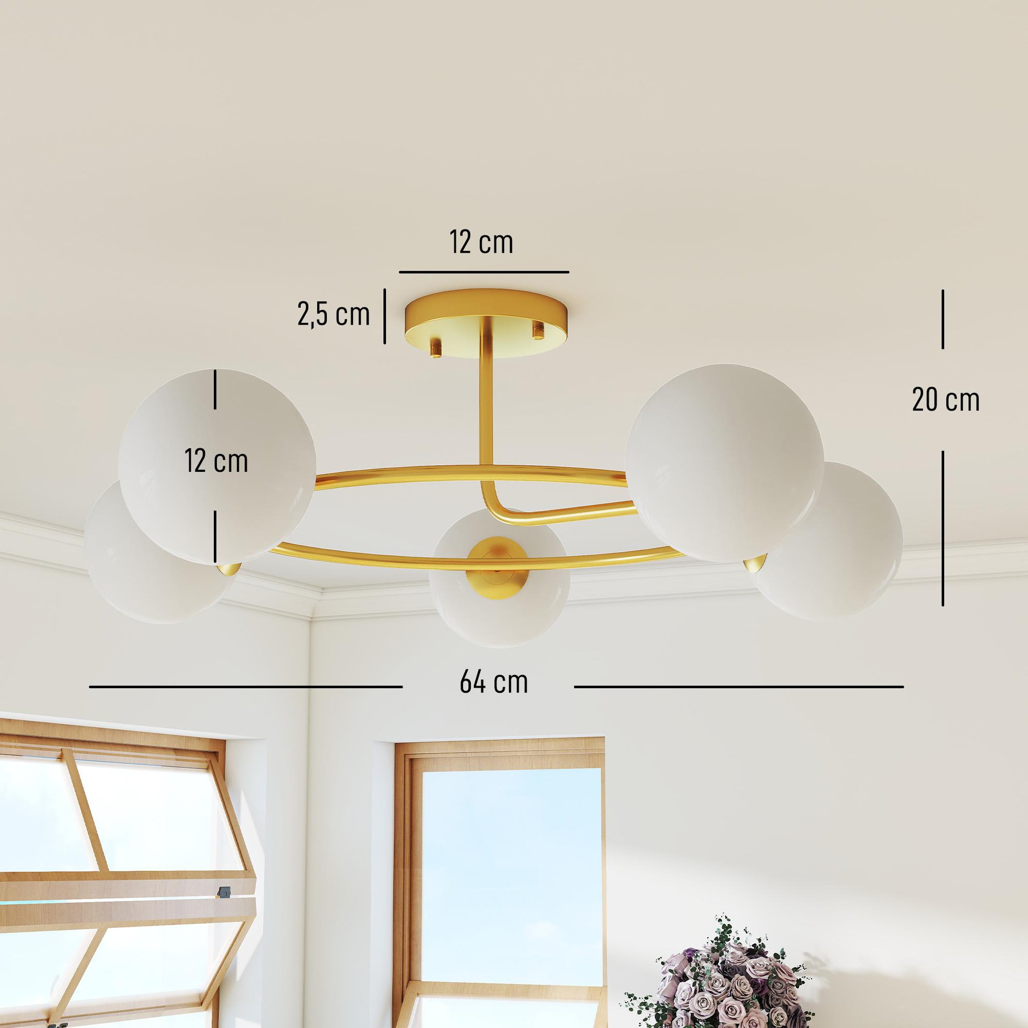 Voir la diapositive 3 : HOMCOM Plafonnier design néo-rétro 5 globes verre blanc opaque max. 20W métal doré