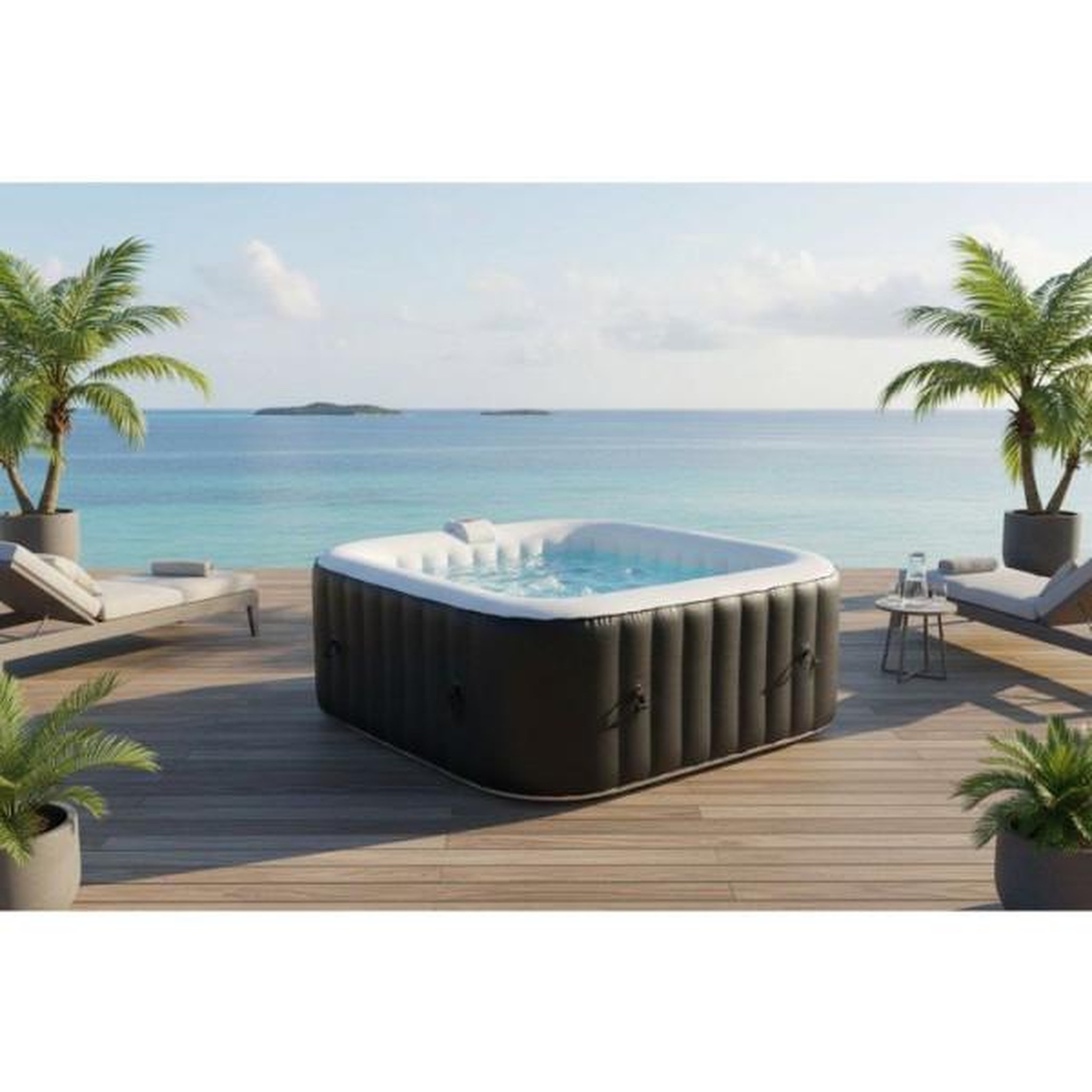 Voir la diapositive 6 : SUNSPA KIT TOUT INCLUS SUNSPA: spa gonflable carré 6 places et accessoires : 4 appuis tetes, filtre, épuisette, brosse, tapis, couver