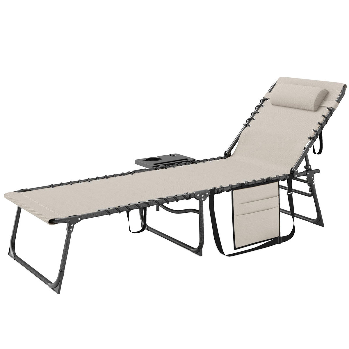 OUTSUNNY Bain de soleil transat pliable inclinable avec poignée, plateau et pochette rangement acier oxford crème