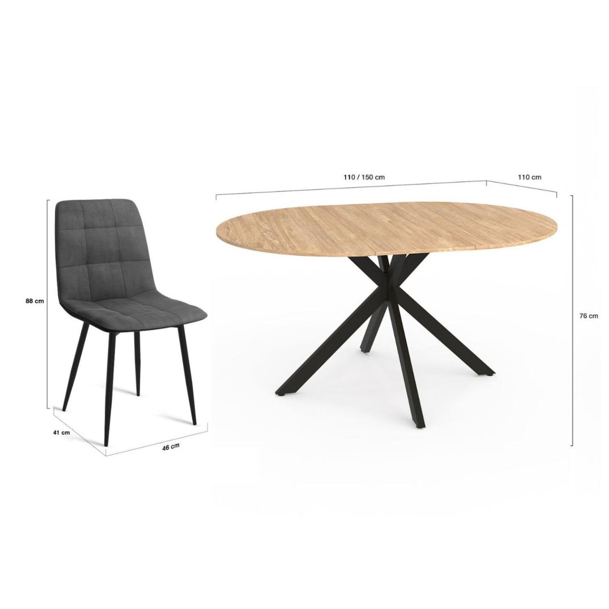 ID MARKET Ensemble table à manger ronde extensible ALIX 110 - 150 cm et 4 chaises MILA en velours gris foncé