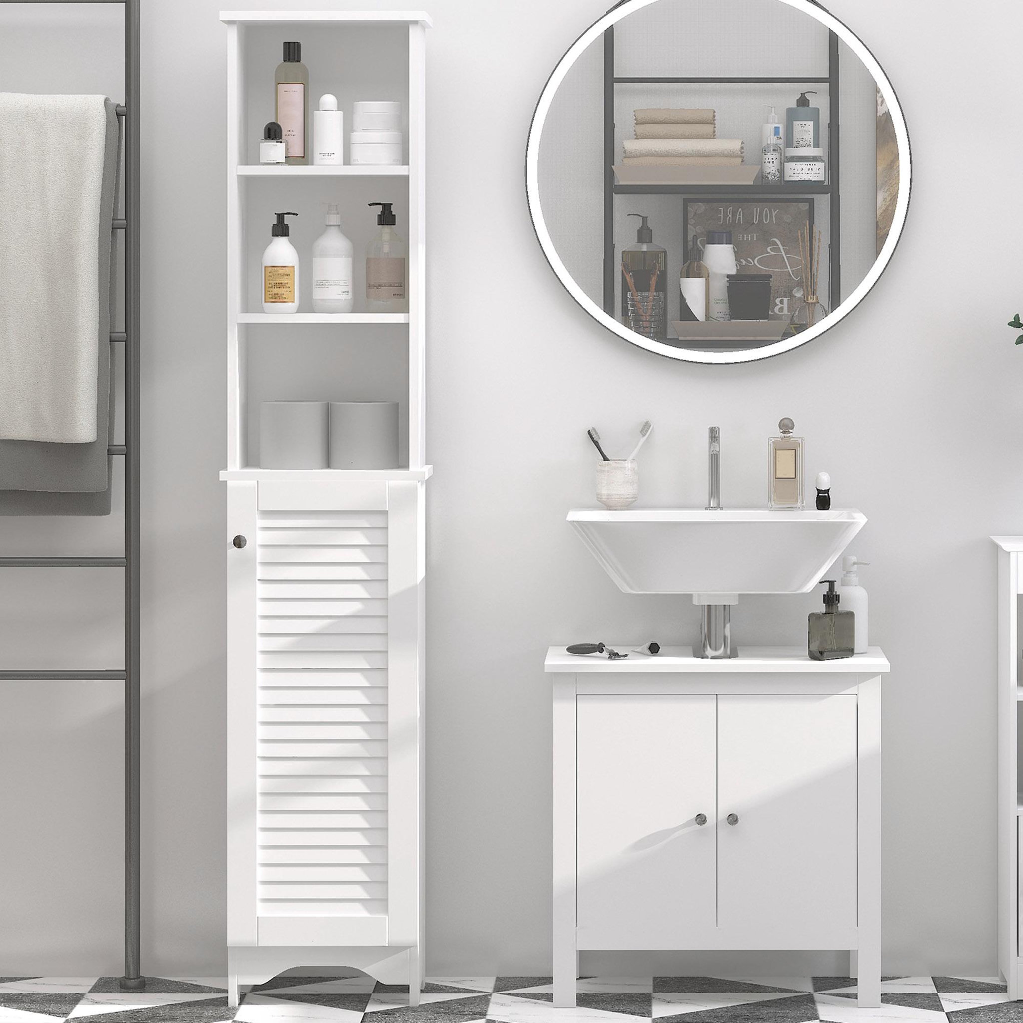 Voir la diapositive 2 : HOMCOM Meuble colonne salle de bain 3 niches placard porte persienne 3 étagères MDF panneaux de particules blanc