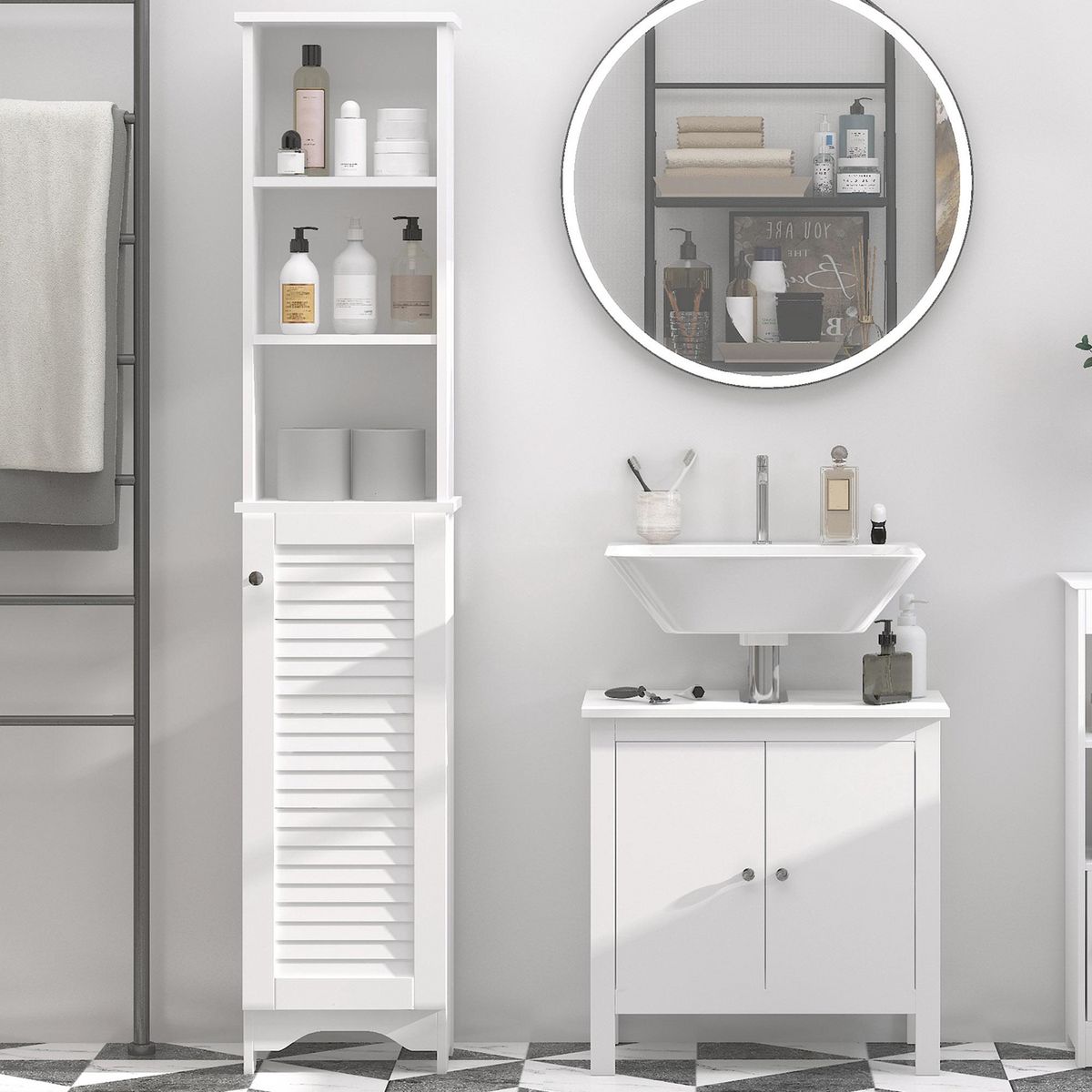 HOMCOM Meuble colonne salle de bain 3 niches placard porte persienne 3 étagères MDF panneaux de particules blanc