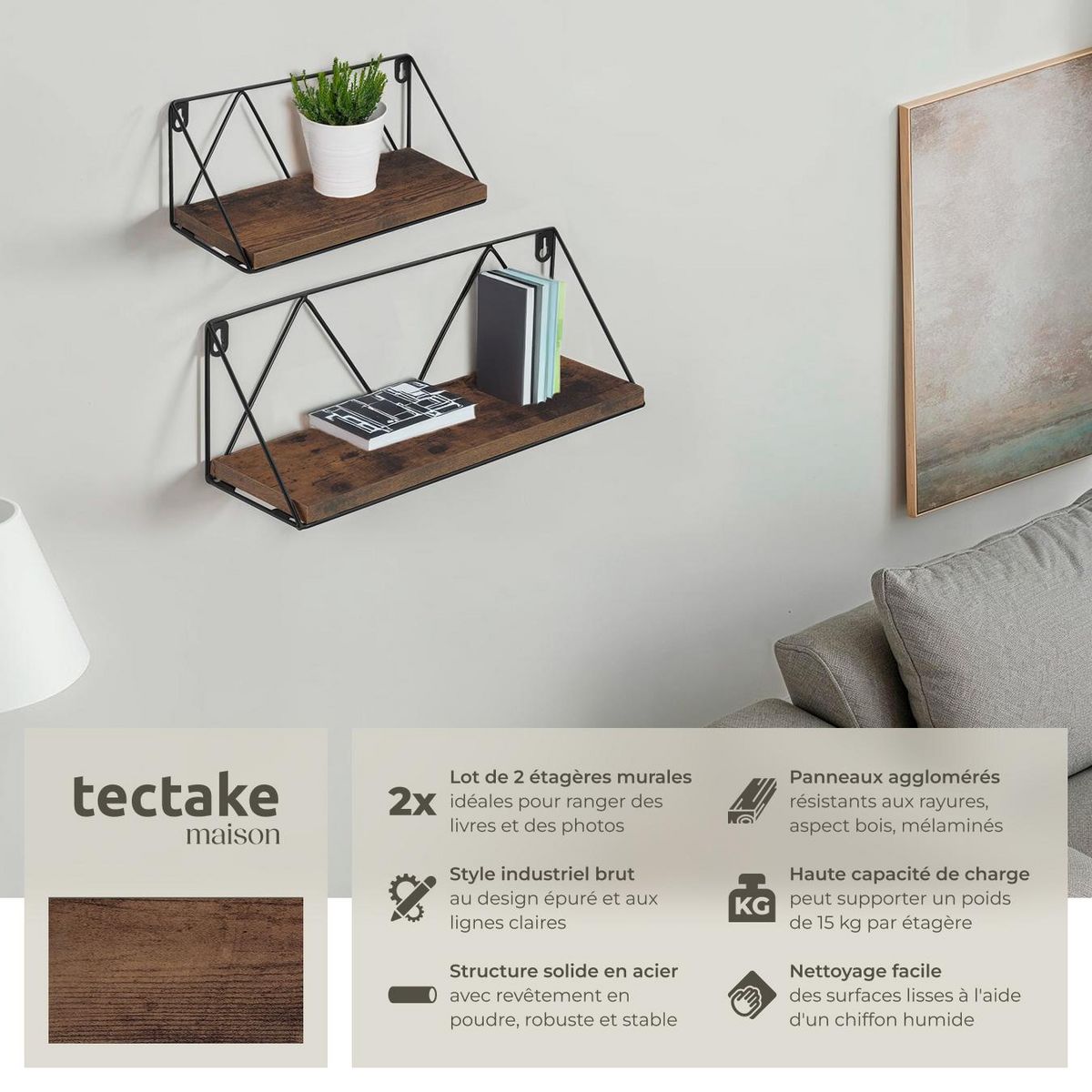 tectake Lot de 2 étagères murales style industriel Bois foncé industriel, rustique
