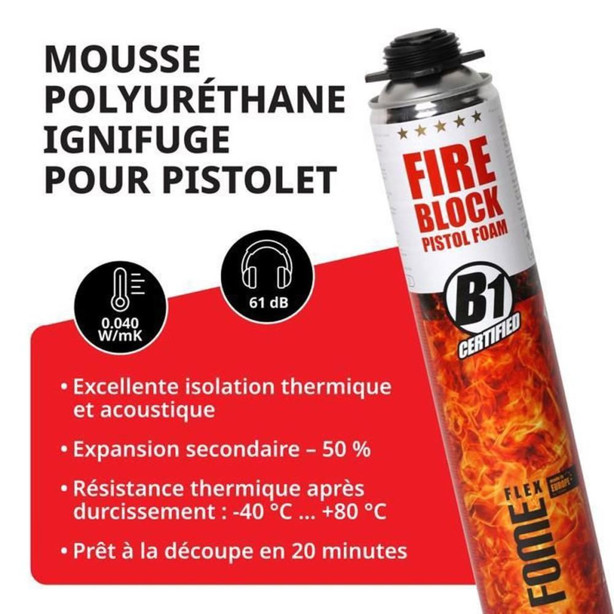 Voir la diapositive 4 : Mousse PU coupe-feu EI 240 pistolable pour joints et obturation, 750 ml