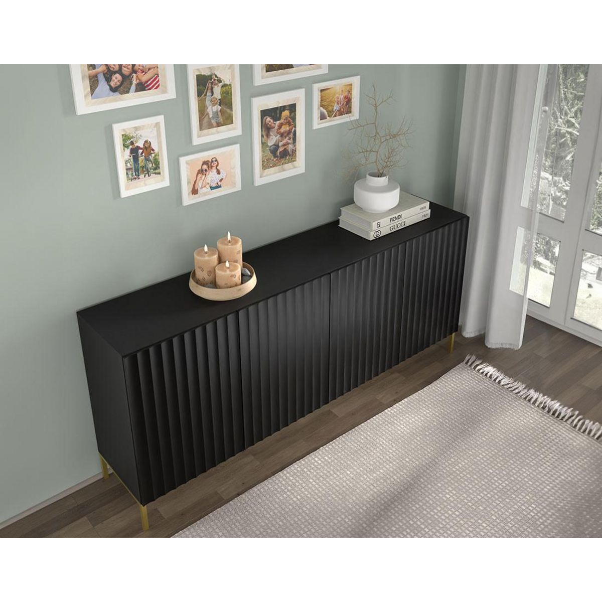 BEST MOBILIER Lara - buffet bas - pieds dorés - 200 cm