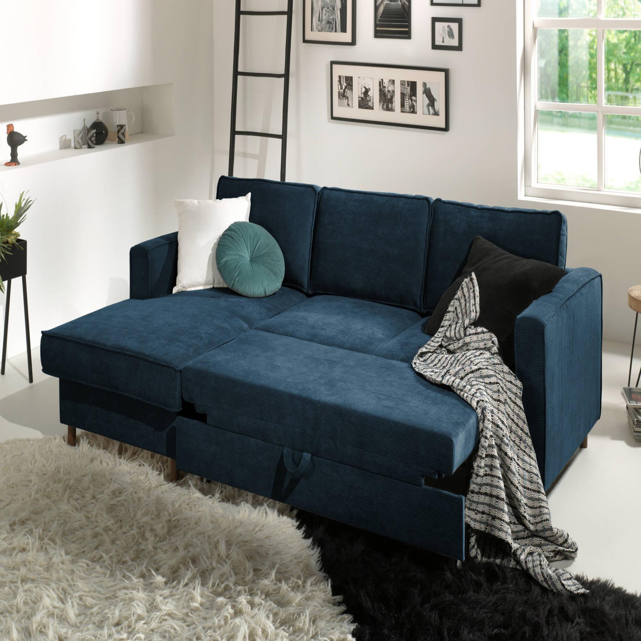 Voir la diapositive 2 : BEST MOBILIER Jake - canapé d'angle gauche - convertible avec coffre - 4 places - en velours côtelé