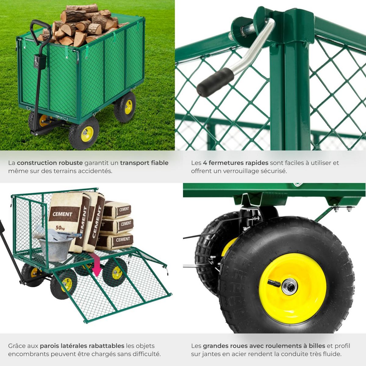 tectake Chariot de jardin et de transport avec des parois latérales rabattables vert