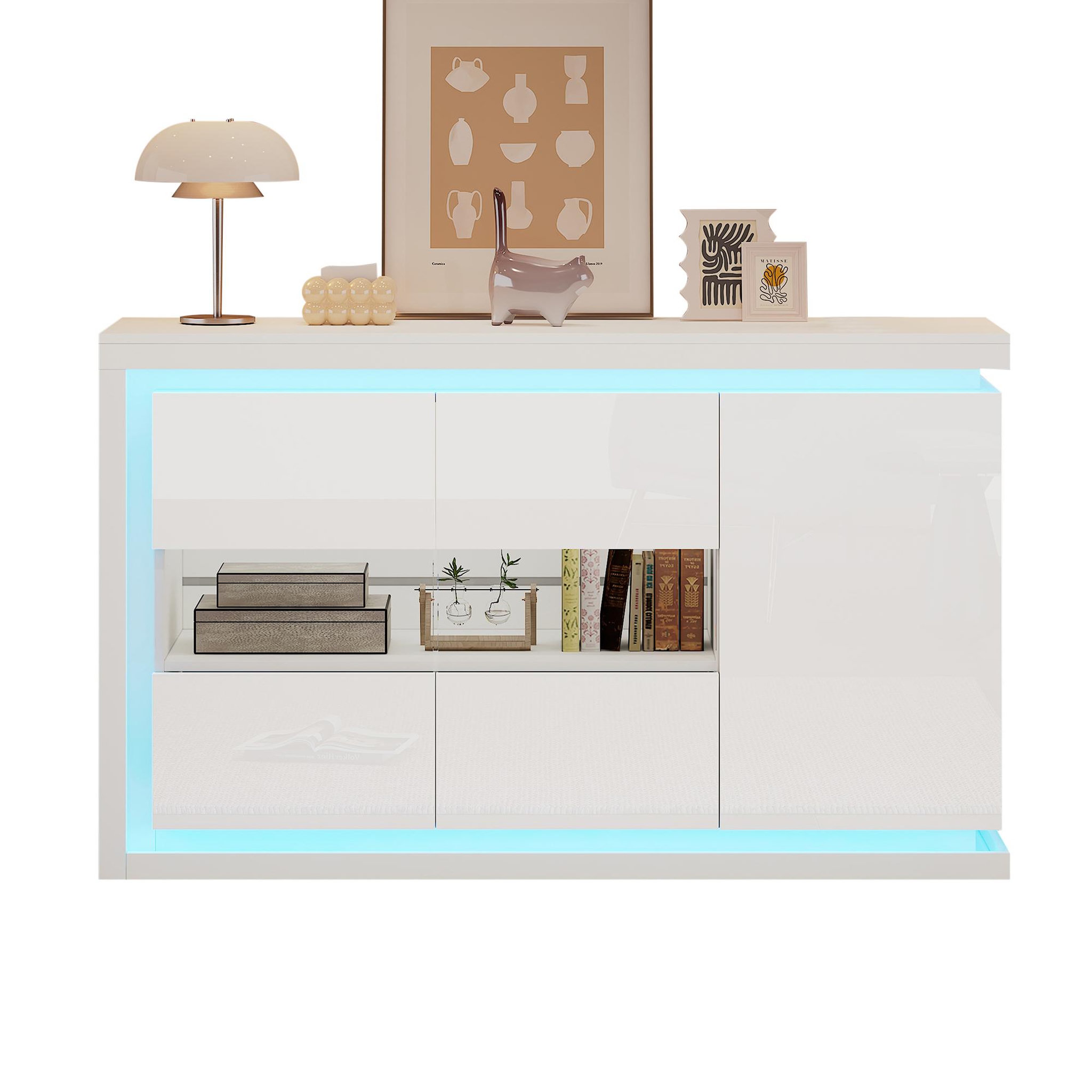 MERAX Buffet 3 porte(s) 0 tiroir(s) - 140 cm blanc led panneau de particules