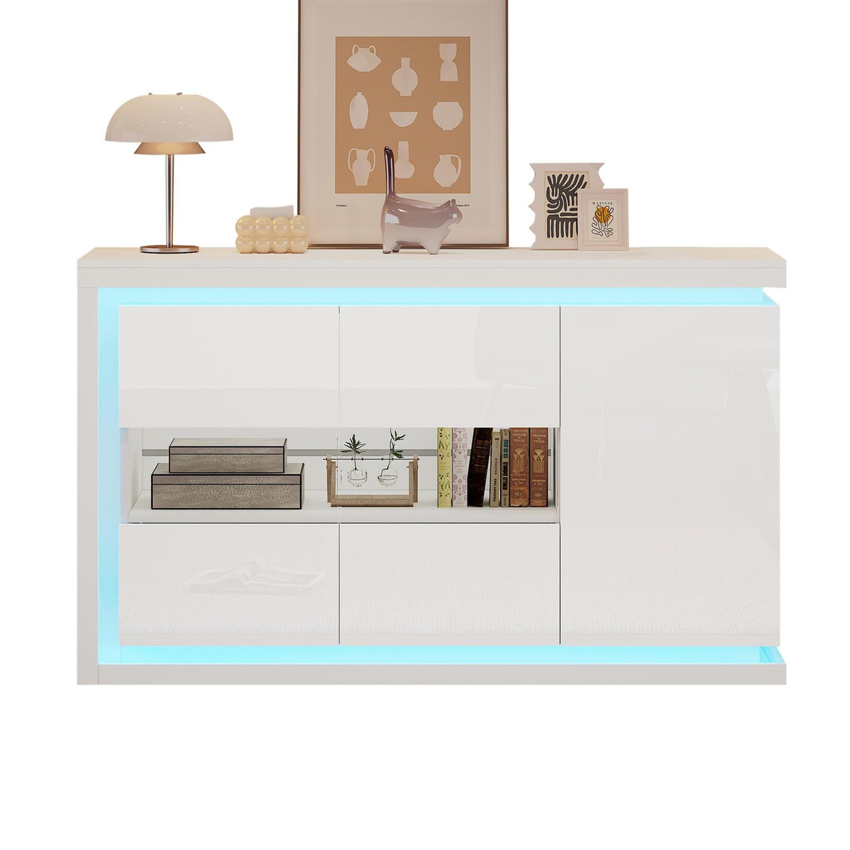 MERAX Buffet 3 porte(s) 0 tiroir(s) - 140 cm blanc led panneau de particules