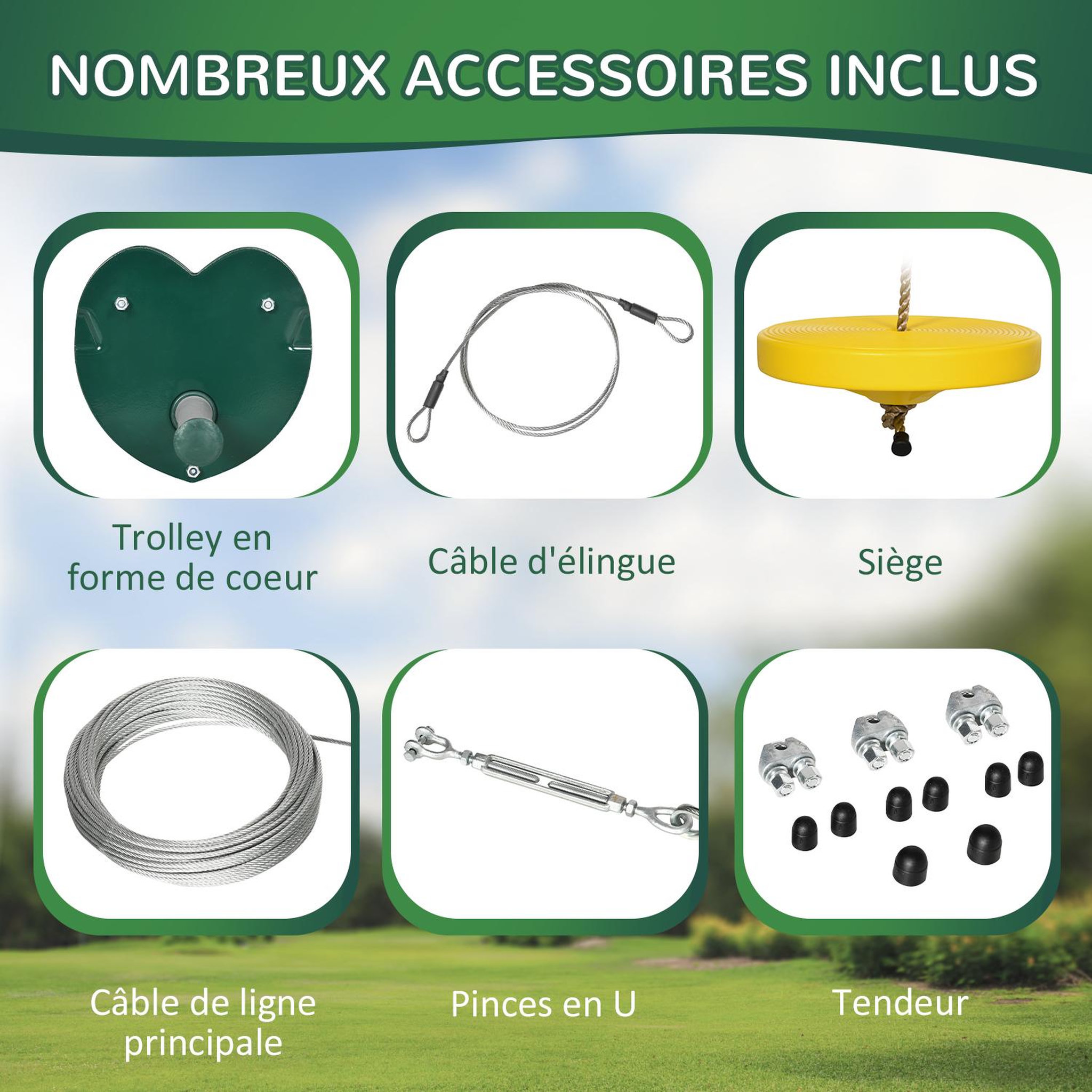 Voir la diapositive 5 : OUTSUNNY Kit complet tyrolienne 25 m - câble épais, poulie, poignées antidérapantes, assise PE - accessoires inclus