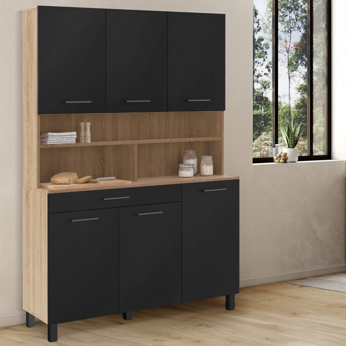ID MARKET Buffet de cuisine 120 CM CINA 6 portes + tiroir façon hêtre et noir