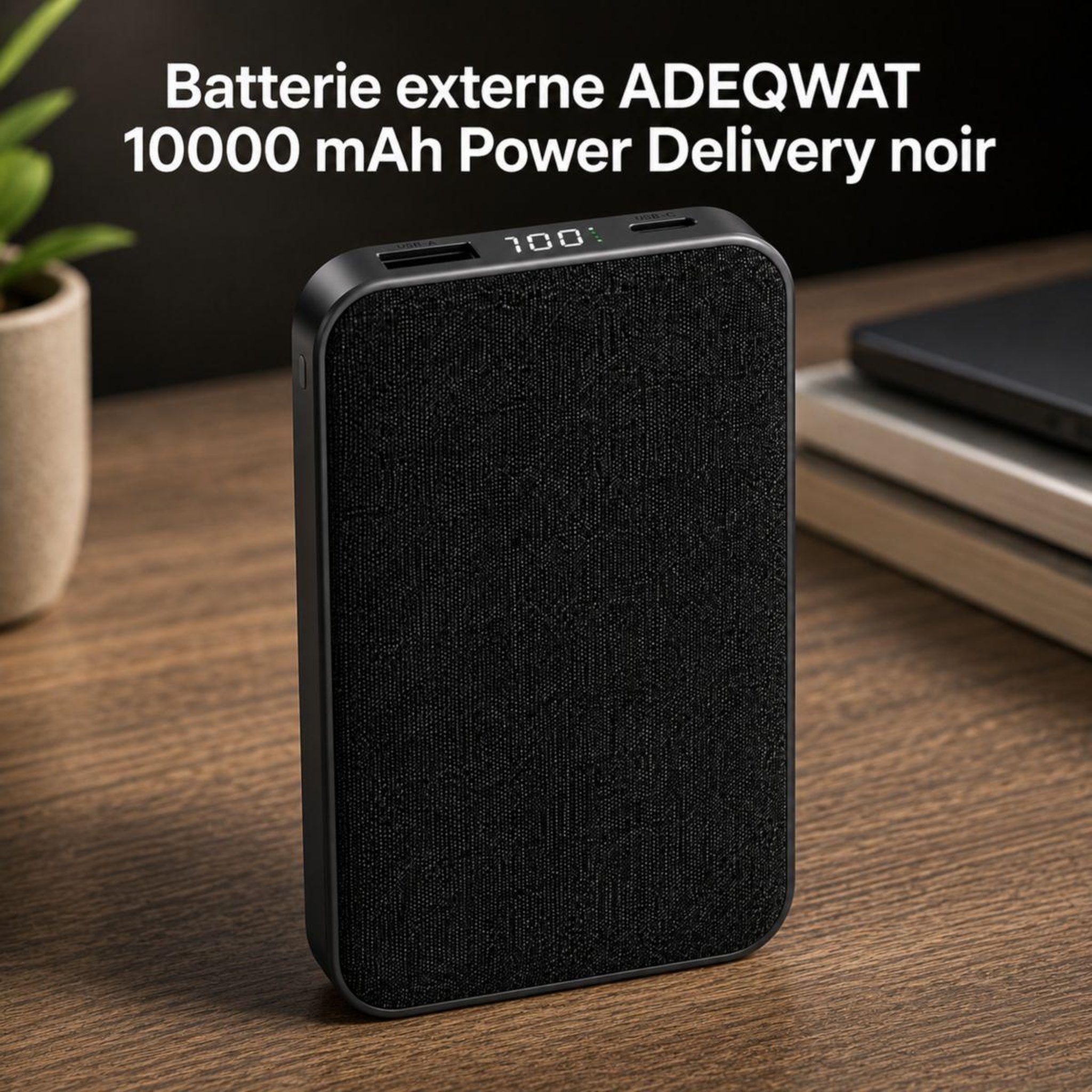 ADEQWAT Batterie externe powerbank 10000 mah power delivery noir compatible iphone 16 15 14 et samsung galaxy