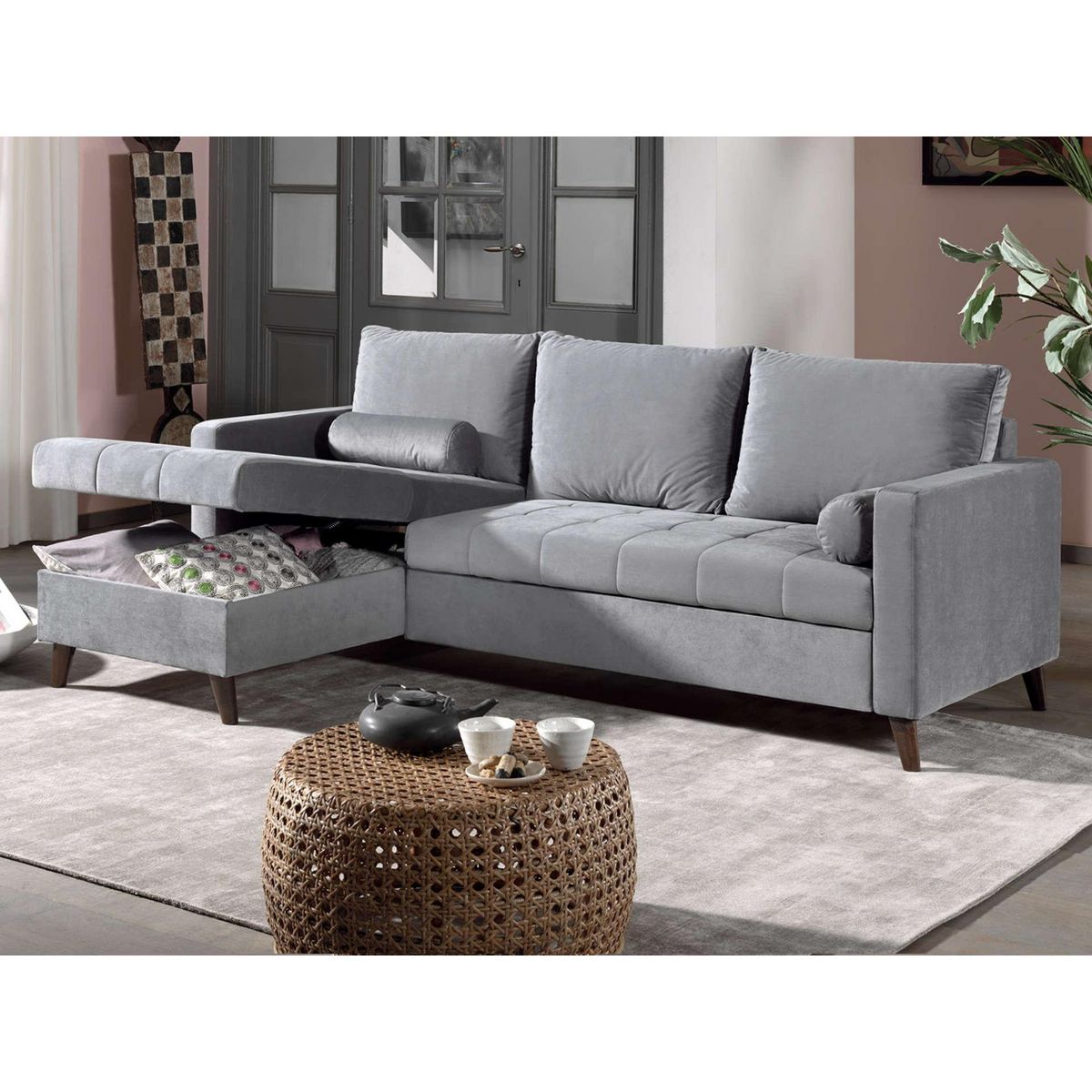 BEST MOBILIER Polar - canapé d'angle réversible convertible - en velours au design scandinave - 4 places